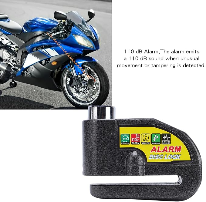 Asixxsix Alarm Disc Brake Lock, Anti Theft Security Wheel Lock with 110dB Alarm & 2 Keys, IP65 Water Proof, 5ft Reminder Cable, for Motorbikes Bikes Scooters