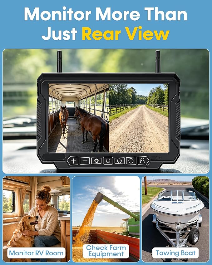 Dual Magnetic Backup Camera Wireless: Monitor 2 Areas at Once, Check Interior Hitch or Rear View While Driving & Reversing – 3-Min Setup, 7" 1080P Monitor with 20lb Magnetic Camera for RVs & Trailers