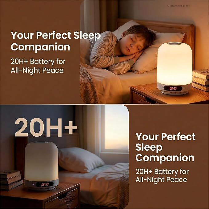5-in-1 Bedside Speaker Night Light Bluetooth Alarm Clock with FM Radio,White Noise Machine for Sleeping,Touch Control Lamp with TF Card & APP Control for Bedroom HOM Office