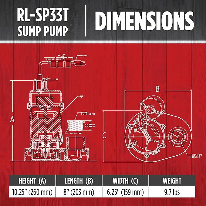 Red Lion RL-SP33T 115-Volt, 1/3 HP, 3200 GPH Aluminum and Thermoplastic Sump Pump with Tethered Switch and 8-Ft. Cord, Red, 14942740