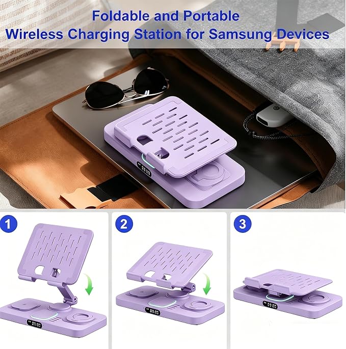 30W Tablet Wireless Charger for Samsung, Foldable Android Charging Station with Clock Display with 7-Color Light, Wireless Watch Charger for S25, Only Compatible Samsung Watch, Galaxy Buds3 Pro(Purple