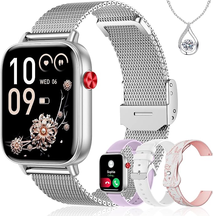 Iaret Smart Watch for Women, 1.83" HD Fitness Tracker with 4 Bands, Answer/Make Calls, Heart Rate/Sleep/SpO2/Step Tracking, 100+ Sport Modes, Android/iPhone Compatible Gift (Silver)