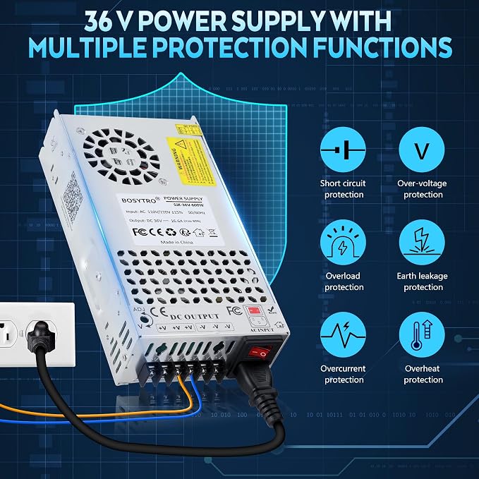 36V 16.6A 600W DC Switching Power Supply, Universal Transformers AC110V/220V (SMPS), Upgraded Output Port with Power Cord, 36 Volt Power Supply for 3D Printer, CCTV Camera Security System