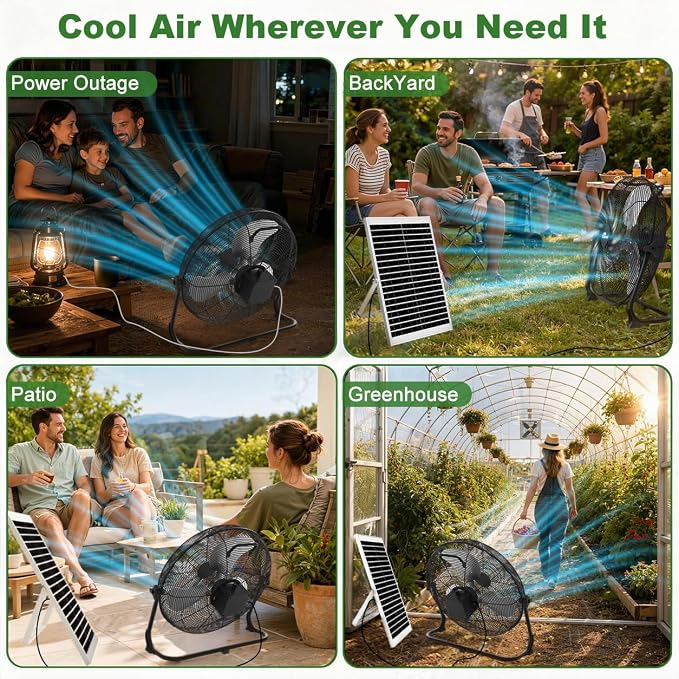 16" Solar Powered Floor Fan, Rechargeable Battery Operated Floor Fans with USB&Type C Output, 4-25H Runtime,Quiet Cordless Outdoor Fan for Outside Camping Greenhouse Shed Home Patio