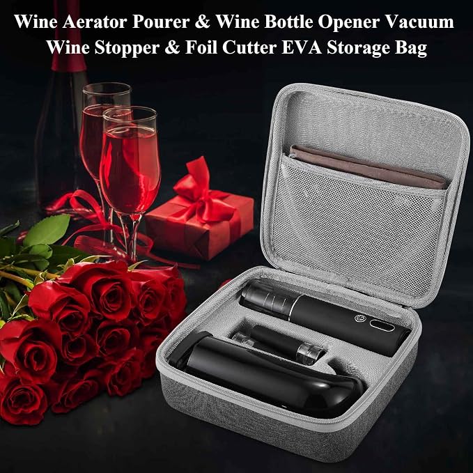 Wine Opener Valentines Day Gift Set with Electric Wine Bottle Opener, Wine Decanter&Wine Aerator and Pourer, wine stopper, Foil Cutter and EVA Storage Bag, Rechargeable and Automatic(Black)