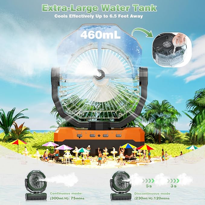 460ml Tank Portable Misting Fan,36000mAh Rechargeable Battery Powered Camping Fan with 4 Speeds,3 Timers,2 Light Modes,Jobsite Beach Summer Essentials,Mist Fan for Indoor Outdoor Patios Travel,Orange