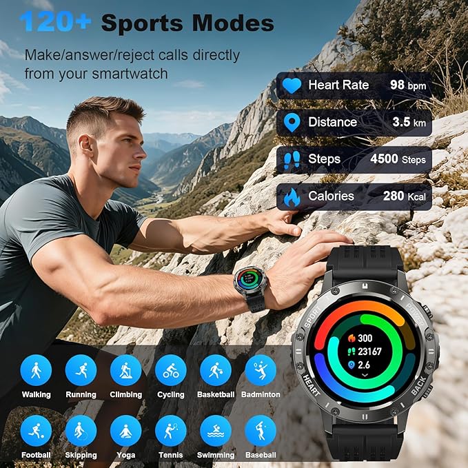 Smart Watch for Men Fitness Tracker: Waterproof Make Answer Call Running Digital Mens Watches Military Smartwatch Android Phone iPhone Samsung Compatible SpO2 Sleep Heart Rate Monitor Step Pedometer