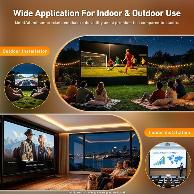 150 inch Projector Screen with Stand, 16:9 4K HD Portable Outdoor Movie Screen, Wrinkle-Free Foldable Indoor Projection Screen with Carry Bag & Ground Nails for Backyard Cinema Home Theater