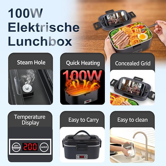 Nifogo Electric Lunch Box for Adults 100W with Temperature Display Heated Lunch Box for Men 1.8L Stainless Steel Container with Bag 12V/24V/110V for Car/Truck/Work