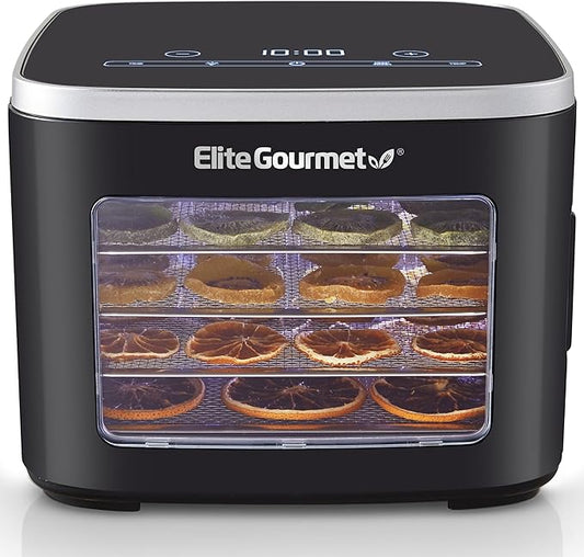 Elite Gourmet EFD809D Food Dehydrator with 5 Stainless Steel Trays, Adjustable Temp & Time + Keep Warm, Includes Interior Light, Fruit Roll Tray and Recipe Booklet, Black