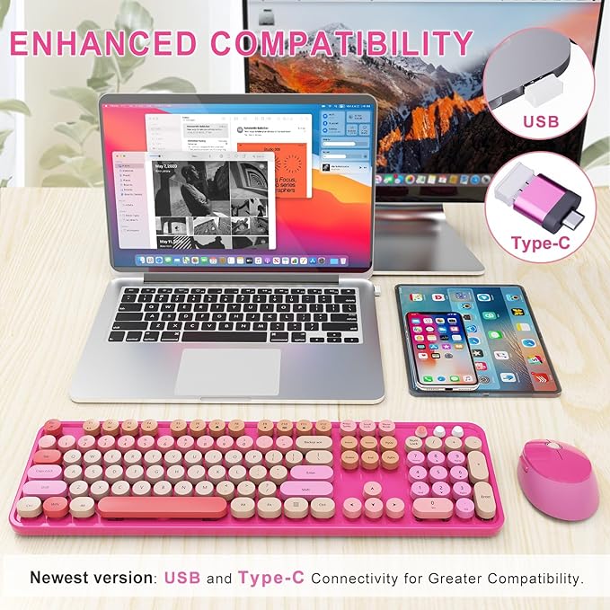SkyGive Wireless Keyboard and Mouse Combo, Ergonomic Full Size Typewriter Retro Round Keycaps Keyboard, Compatible with Windows, PC, Perfer for Home and Office Keyboards （Red）