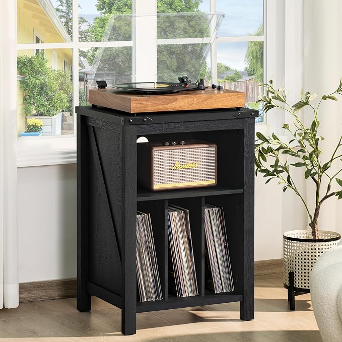 Joaxswe Record Player Stand with Vinyl Record Storage,Black Record Player Table Holds up to 160 Albums,Large Wood Turntable Stand Cabinet Dispaly Shelf for Living Room,Bedroom,Office