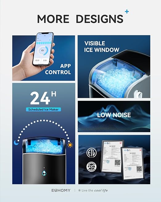 EUHOMY Smart Nugget Ice Maker Countertop, Pebble Ice Maker Machine with APP/Alexa Control, 40lbs/24H, Ready in 7 Mins, Self-Cleaning, Portable Sonic Ice Makers with Hanging Ice Scoop for Home/Office