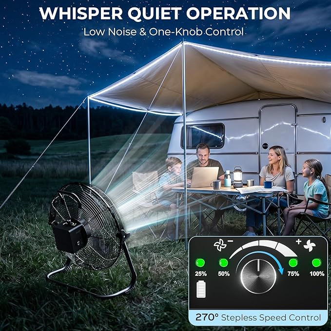 AUMIO 12" Solar Powered Floor Fan, Portable Rechargeable Battery Operated Solar Fan with 13200mAh & 1500 CFM Airflow, Cordless Camping Fan with USB Output, 4.5-27H Runtime for Power Outage, RV, Patio