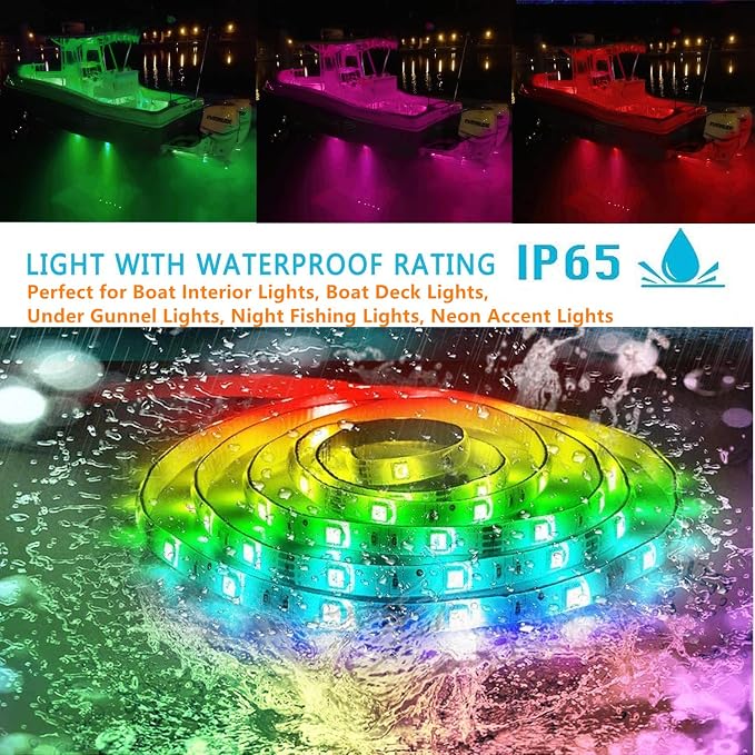 Led Strip Boat Lights Kit, 66FT Bluetooth Multi-Color Marine Pontoon Led Lights, Waterproof Boat Interior Light, Under Gunnel Deck Lights, Night Fishing Lights, APP/Remote Control, Sound Music Sync