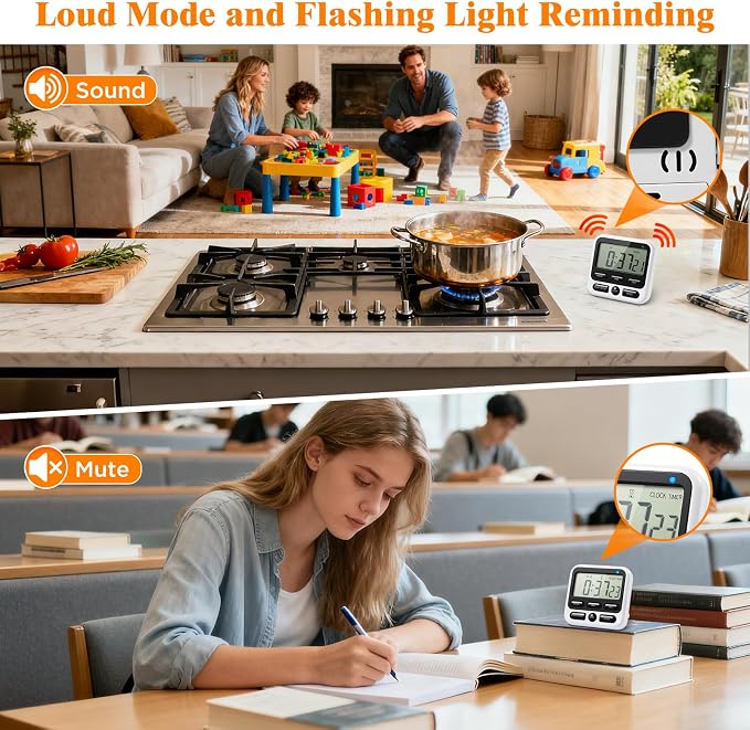 12 Pcs Silent Flashing & Loud Alarm Digital Timer, Magnetic Count Up/Down Timer with Large LCD Display for Cooking Baking Teaching