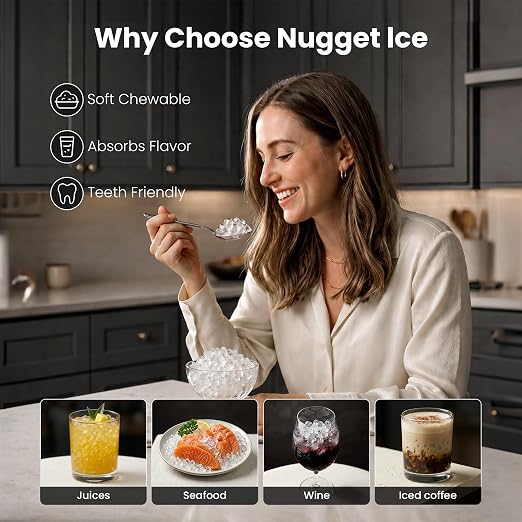 AGLUCKY Nugget Ice Makers Countertop with Handle, Crushed Ice Ready in 5 Mins, 35lbs/Day, Self-Cleaning, Portable Ice Machine with One-Click Operation for Home/Kitchen/Party/RV/Camping