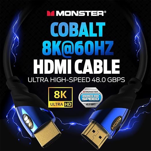 Monster 8K HDMI Cable — Xbox Series X & PlayStation 5 HDMI Cable w/ 24K Gold Contacts & V-Grip, 48 Gbps Speed, 60/120 Hz Refresh Rate, Dynamic HDR & eARC for Superior Visuals & Audio (6 FT) New Model