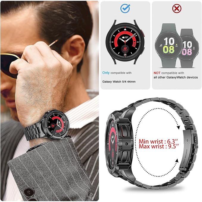 SUPLINK Stainless Steel Case and Band Compatible with Samsung Galaxy Watch 4 Bands 44mm/ Galaxy Watch 5 Bands 44mm,Solid Metal Protector Cover Strap for Men,Space Grey