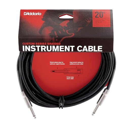 D'Addario Guitar Cable - Guitar Lead - Instrument Cable - Guitar Accessories - Custom Series Braided Cable - 20 Feet/7.62 Meters - Black - 1 Pack