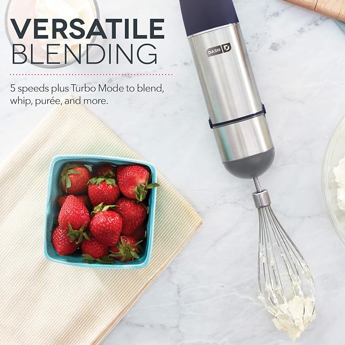 Dash Chef Series Immersion Hand Blender, 5 Speed, 330W Handheld Stick Blender with Whisk Attachment, Stainless Steel Blades for Soups, Sauces, Smoothies & Purées - Midnight