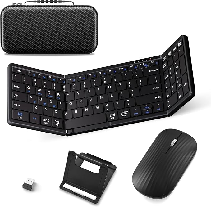 Gurjot Foldable Keyboard and Mouse, Folding Bluetooth Keyboard Combo, 2.4G + BT5.1, Full-Sized Portable Rechargeable Keyboard & Wireless Keyboard Mouse Set for Windows Android Mac iOS Business Travel