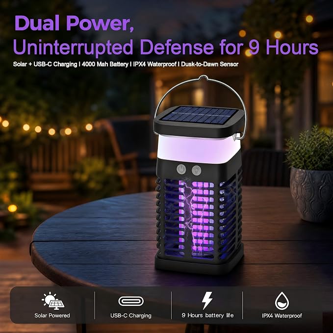 Solar Bug Zapper Outdoor & Indoor, 4200V Electric Mosquito Killer w USB Rechargeable 4000mah Battery, Waterproof Fly Trap for Gnat, Fruit Fly, Moths, Portable Pest Control for Indoor, Outdoor