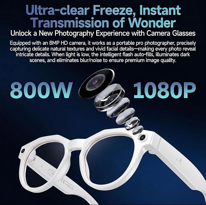 AI Smart Camera Glasses, 1080P HD POV Video Recording and Translator, Object Recognition, Bluetooth Audio for Music Calls, 290mAh Battery, Photochromic Lenses for Vlog, Travel and Work