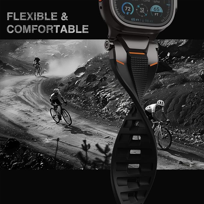 ULTIMAL Rugged Band for Apple Watch Ultra 3/2/1 49mm, Series 11/10/9/8/7/6/5/4 SE 46mm/45mm/44mm, Waterproof, Soft TPU Strap with Stainless Steel Buckle & Connectors, Sweat-Resistant, Easy to Clean, Fits 155-225mm Wrist (Black/Black)