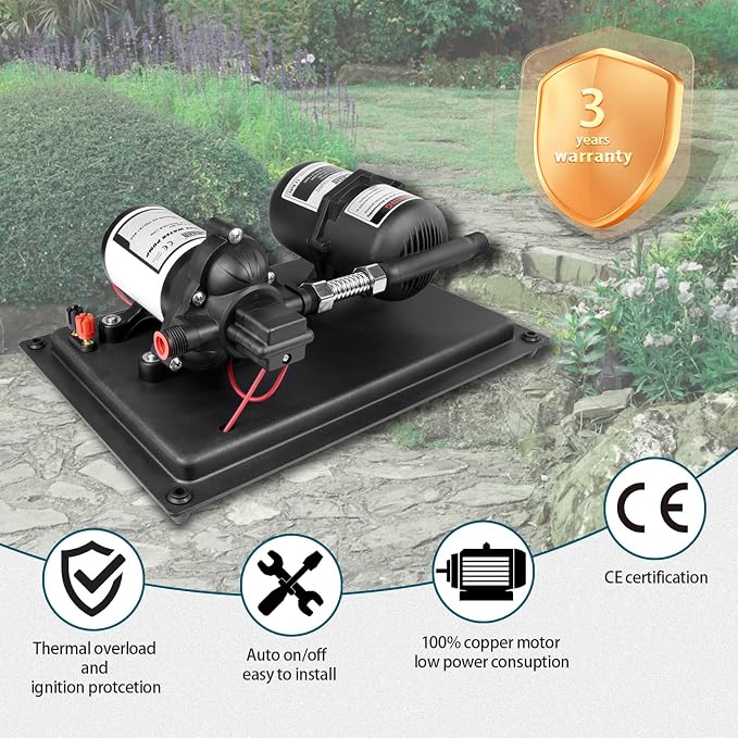 WASSERMANN 12V RV Water Pump and Accumulator Tank System, 4.0GPM 45PSI Self Priming Water Diaphragm Pump with 0.75L 10 PSI Pre-Pressurized Accumulator Tank, Pressure Switch, for Boat Garden RV Camping