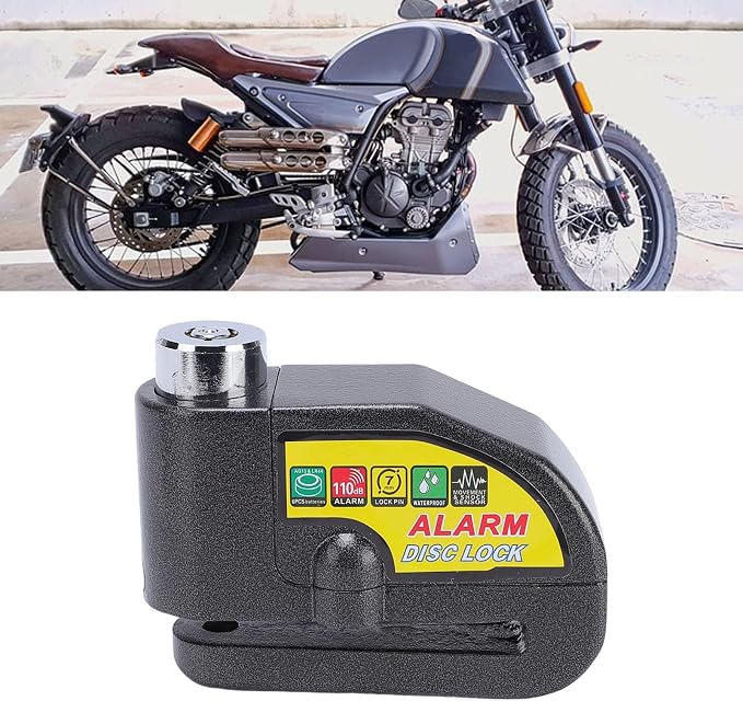 Asixxsix Alarm Disc Brake Lock, Anti Theft Security Wheel Lock with 110dB Alarm & 2 Keys, IP65 Water Proof, 5ft Reminder Cable, for Motorbikes Bikes Scooters