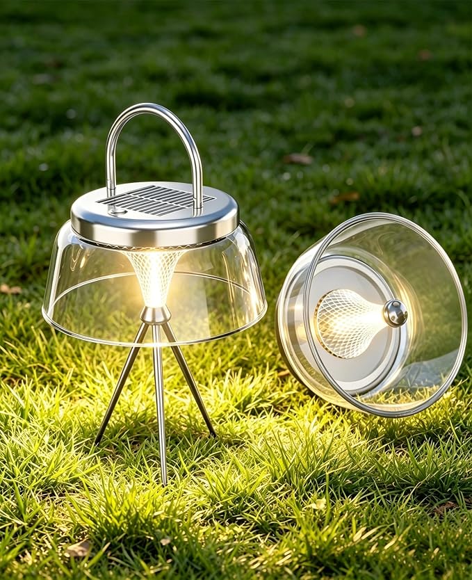 Solar Camping Lantern, Dimmable Warm White 360°COB LED Rechargeable Lantern with USB-C&Solar Charging, IP65 Waterproof Hanging/Tabletop Lamp for Indoor Outdoor, Tent, Patio, Emergency(Silver)
