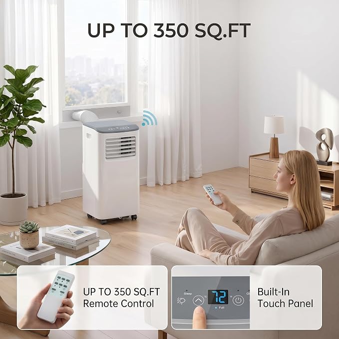 8000 BTU Portable Air Conditioners with Cooling, Dehumidifying, and Fan Functions, White Body with Cool Grey Top Cover, Perfect for Rooms Up to 350 Sq Ft, Quiet Mode, Energy-Saving 24-Hour Timer