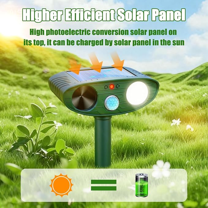 2026 Solar Ultrasonic Animal Repellent Outdoor with Motion Sensor Flash Light, IP66 Waterproof Deer Cat Squirrel Raccoon Repellent for Yard Farm Garden (2 Pack)