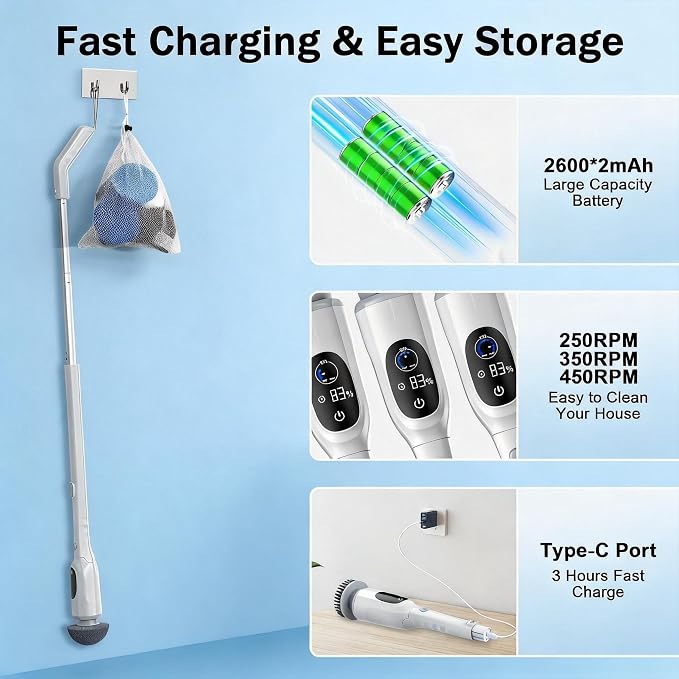 Electric Spin Scrubber, Cordless Power Scrubber with Adjustable Long Handle, 3 Speeds with IPX7 Bathroom Scrubber, 8 Brush Heads, Electric Cleaning Brush for Bathroom/Kitchen/Bathtub/Crack/Floor/Car