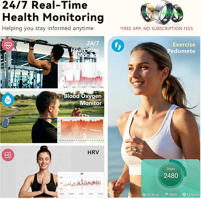 Smart Ring for Women & Men, Health & Fitness Tracker with Heart Rate/Sleep Monitoring/Blood Pressure,5ATM Waterproof,Activity Trackers with Free App,Stylish Fitness Ring Birthday Gift(Size 11, Silver)