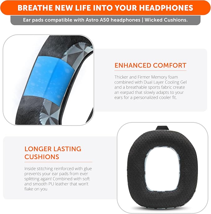 WC Mod Kit A50 - Cooling Gel Earpads + Headband Replacement for Astro A50 Gen 4, Gen 5 & A50X by Wicked Cushions | Enhanced Comfort, Cooling & Durability | Geo Grey