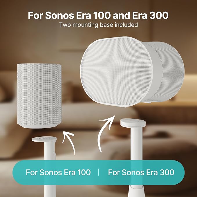 PEGZONE Speaker Stand Compatible with Sonos Era 100 and Era 300, Height-Adjustable from 26.9"-42", Cable Management, 11lbs Capacity, White, 1 Pack(Single)
