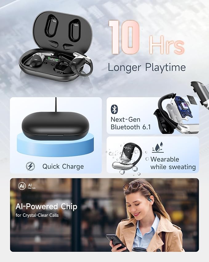 Ultra Open Ear Headphones,Over Ear Bone Conduction Earbuds with Ergonomic Earhook,Bluetooth Headphones 6.1 with Digital Display,60H Playtime,IP55 Waterproof, Comfort for Cycling,Running,Workout