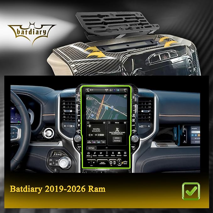 Ram 1500 Magnetic Phone Mount Compatible with 2019-2026 2021 2022 2023 2024 2025 Dodge Ram 1500 2500 3500 TRX Accessories Carbon Fiber Metal Cell Phone Holder Dash Mount No-Drill installation