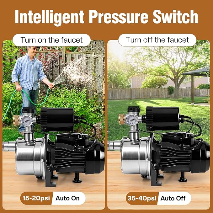 3/4 HP Water Pressure Booster Pump for House, Shallow Well Pump with Pressure Tank, Stainless Steel 1050 GPH 110V Auto On/Off Water Booster Pump, Irrigation Garden Sprinkler Pump for Home