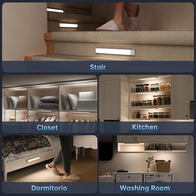 Under Cabinet Lighting,54 LED 1800mAh Rechargeable,Motion Sensor Light,3 Colors Dimmable,Magnetic Closet Lights,Indoor Night Lights for Kitchen Bedroom Stairs 5 Pack