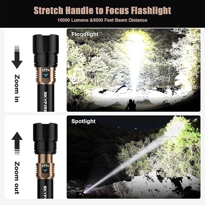 SKYFIRE Rechargeable Flashlights High Lumens,3000lm Super Bright Flashlight,Zoomable,4 Modes,Waterproof LED Flash Light for Camping Essentials,Outdoor and Home Emergencies