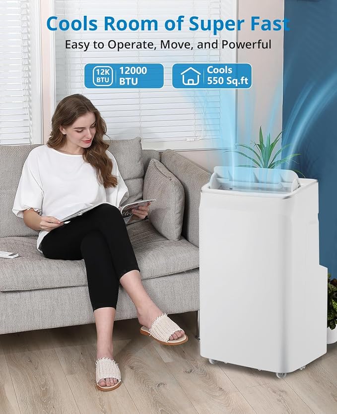 12000 BTU Portable Air Conditioners with Remote Control, 3 in-1 Free Standing Cooling AC Unit with Fan & Dehumidifier, Cools Room up to 500 sq.ft, Auto Swing，Smart Sleep Mode for Bedroom, Indoor Rooms