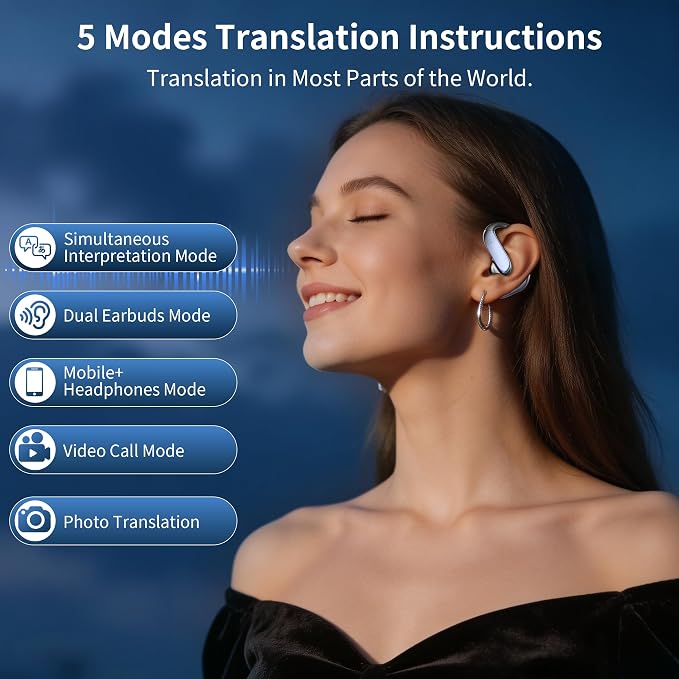 AI Translation Earbuds Real Time - Translator Headphones 198 Languages, Audifonos Traductores Inglés Español Translating Headsets Wireless Bluetooth 6.1 for Travel, Meeting & Learning - Classic Black