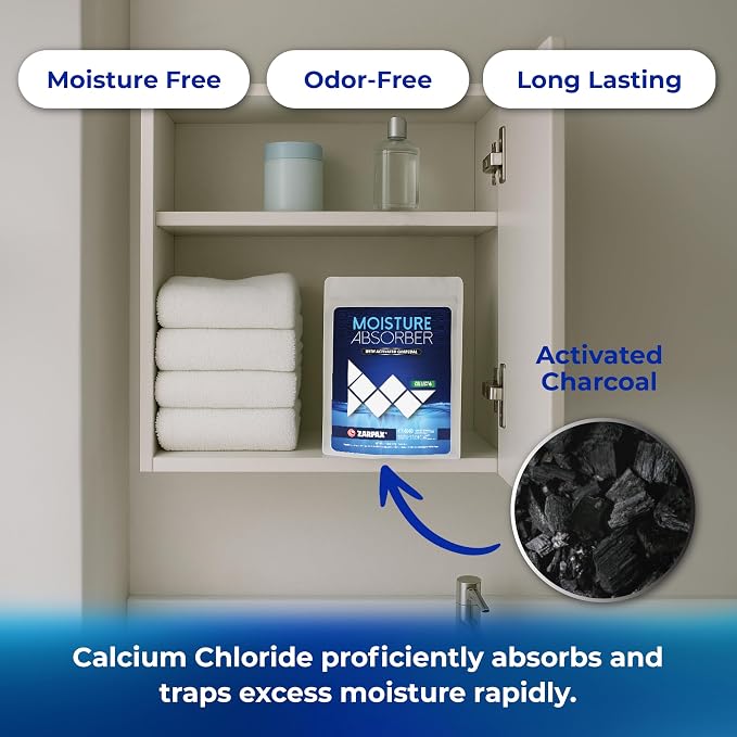 Zarpax Moisture Absorber Sachets Activated Charcoal 7.5 oz/212g - Remove Excess Moisture In Air & Odor - Desiccant Dehumidifier for Closet, Drawer, Storage - Dampness & Humidity Control - Set of 20