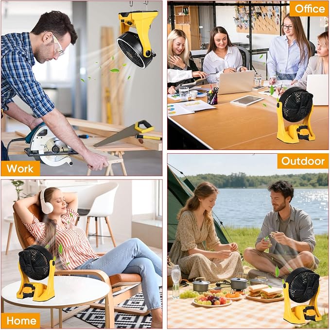 Fan Compatible with DeWalt 20V Battery Portable Jobsite Camping Fan with Infinite Speed Control USB-C and USB Charging, Hook, Handle 270° Tilt 4.5H Max Runtime for Outdoor Use Battery Not Included
