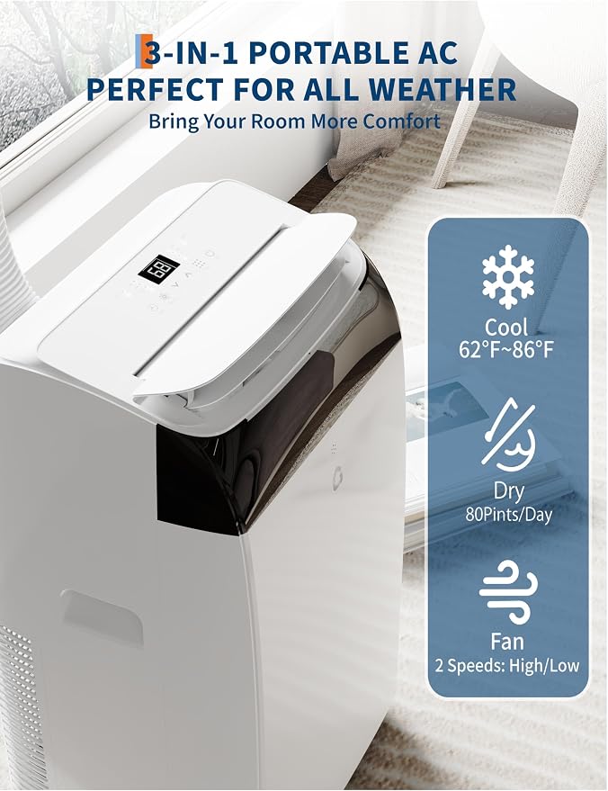 GarveeLife Portable Air Conditioner,12,000 BTU for Rooms up to 550 Sq.Ft., Smart Compact AC Unit with Cooling, Dehumidifier, Fan, Remote Control and Window Kit, White