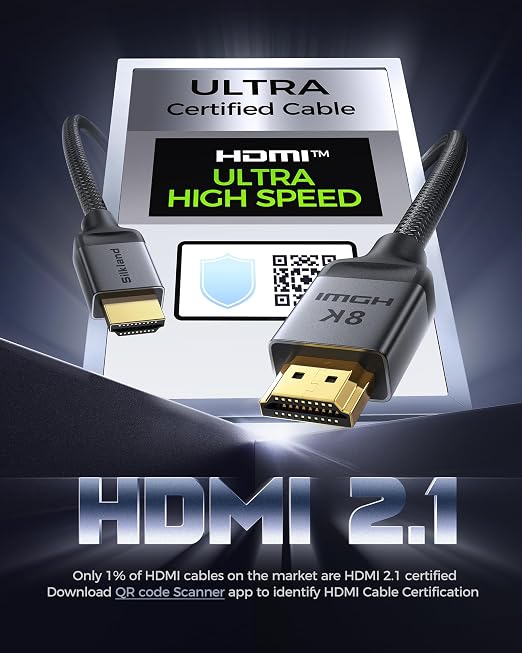 Silkland Certified HDMI 2.1 Cable, [4K@240Hz 144Hz 120Hz, 8K@60Hz] 1440P Ultra High Speed HDMI Cable 48Gbps (Upgrade Braided), HDR10+, eARC, HDCP 2.3, Compatible for Xbox/PS5/PS4/Roku TV