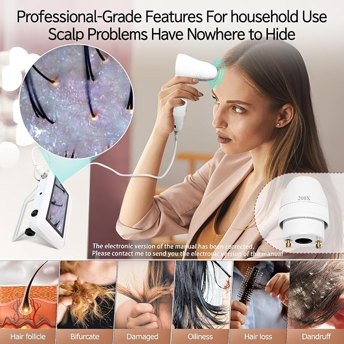 Skin Hair Analyzer, Professional Digital Scalp Analysis Machine with 50x/200x Lenses, Microscope Scanner for Skin Detector, Rechargeable, 5 Inch High-Definition Lcd Display